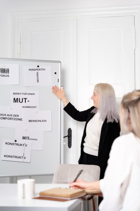 Eine Person präsentiert Informationen an einem Whiteboard in einem Besprechungsraum.